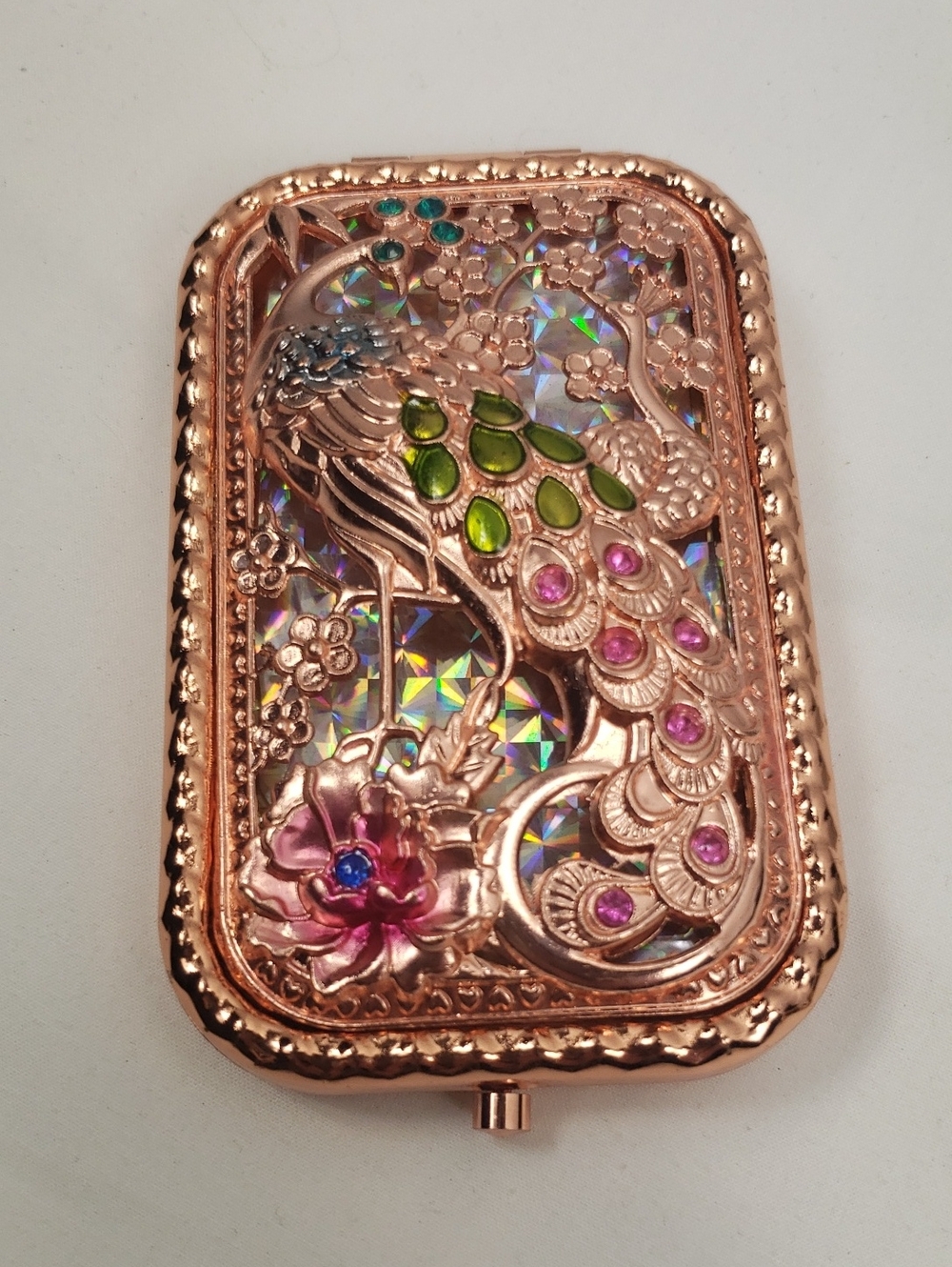 Peacock Compact Mirror with Enamel and Rhinestones